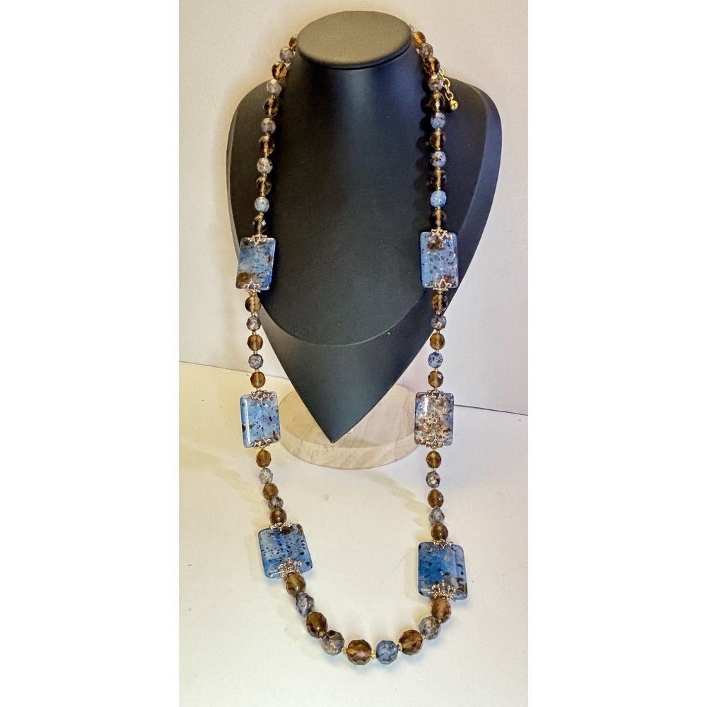 Joan Rivers Gold Tone Blue and Brown Bead 36" Necklace Lobster Claw Clasp